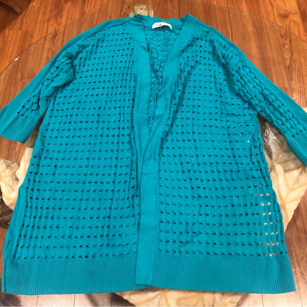 Kasper Teal Open Knit Cardigan Sweater - Textured Crochet Lace - 3/4 Sleeve